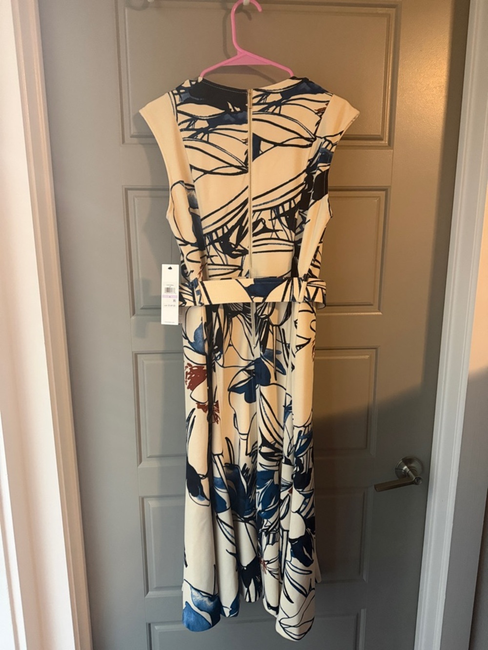 NWT Calvin Klein Cream Maxi Dress with Navy & Brown Botanical Print - Picture 2 of 3